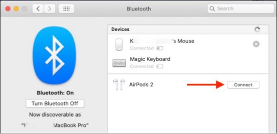 Bluetooth를 열어 AirPod를 MacBook 2에 연결