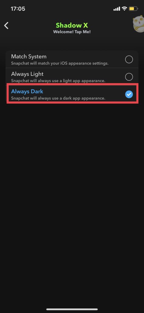 terminar el Snapchat configuración del modo oscuro