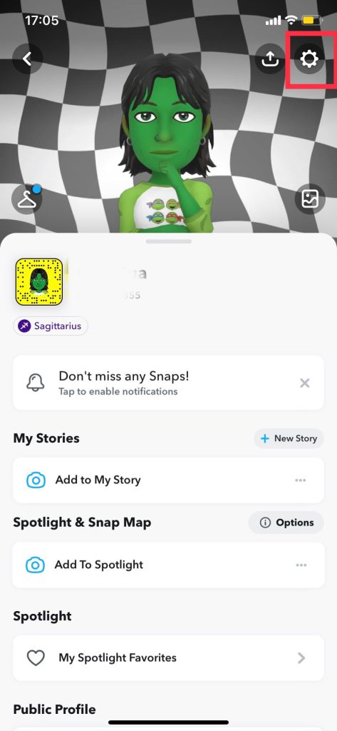 Klik ikon tetapan bagi Snapchat